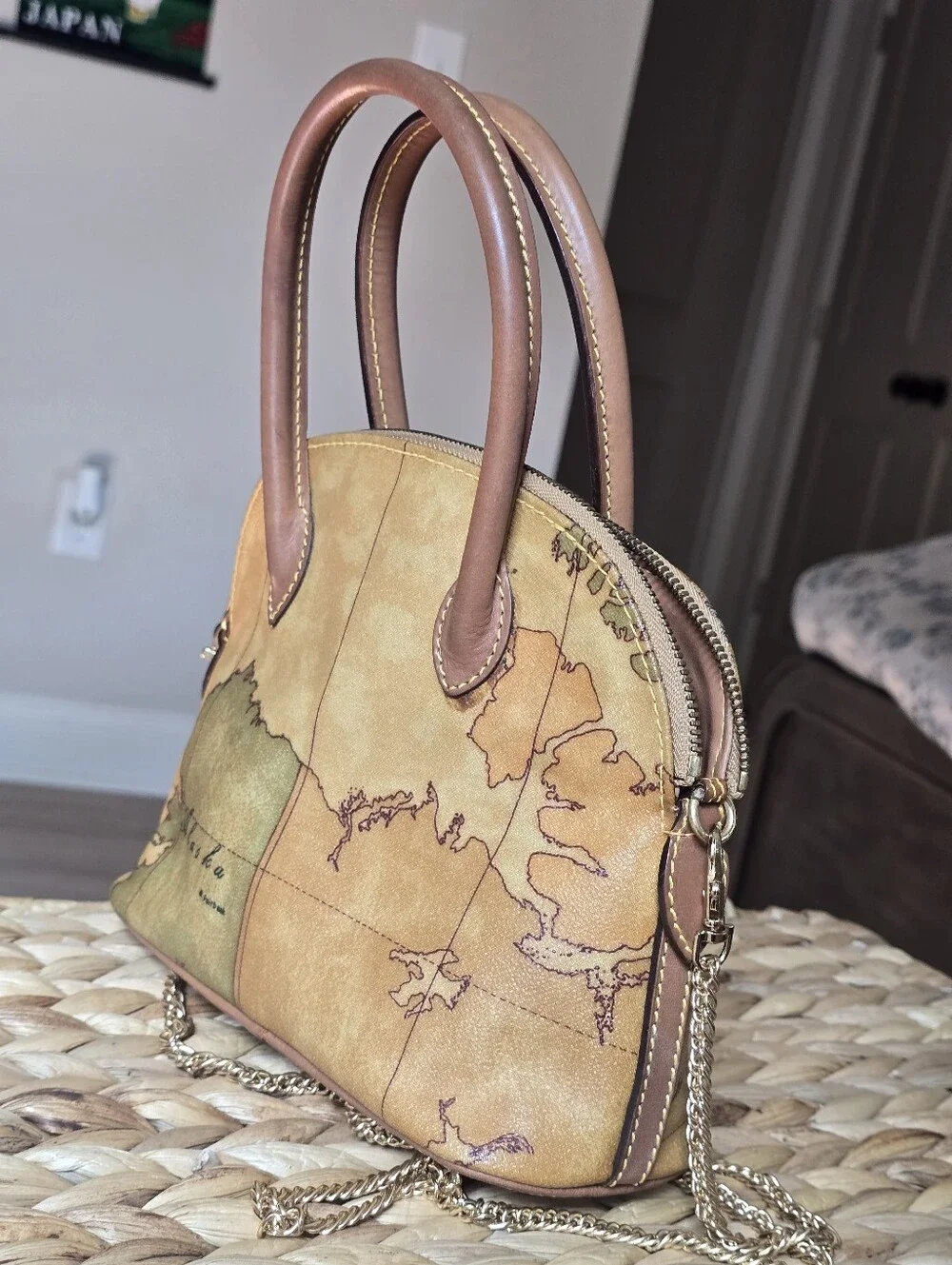 Authentic Alviero Martini Map-Print Dome Satchel Handbag